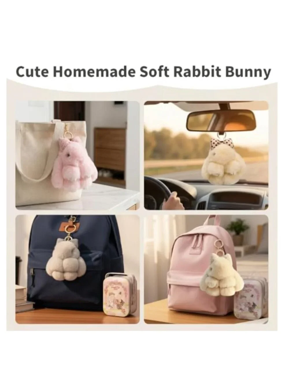 Plush Bunny Keychain with Bow, Faux Fur, Cute Rabbit Charm for Bags & Keys,
